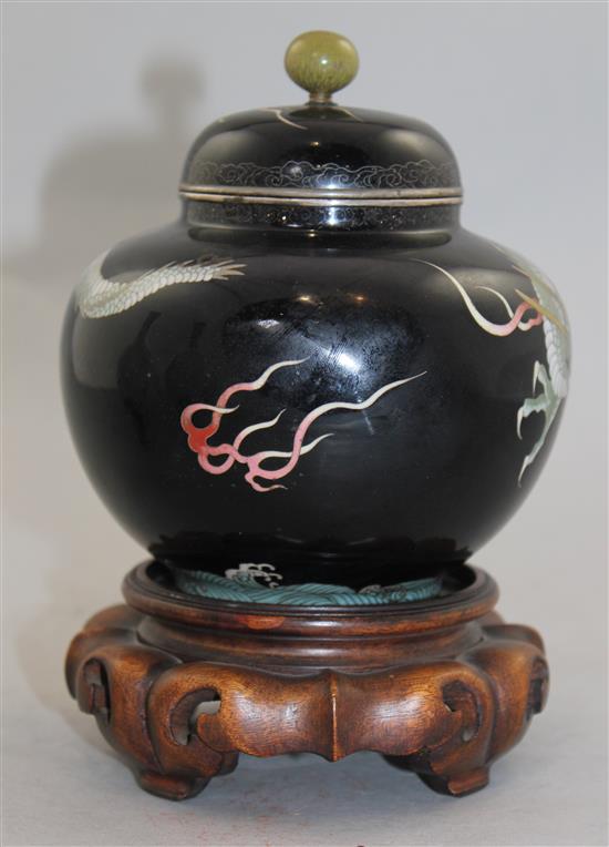 A Japanese silver wire cloisonne enamel dragon jar and cover, Nagoya school, Meiji period, 12.5cm diam., wood stand